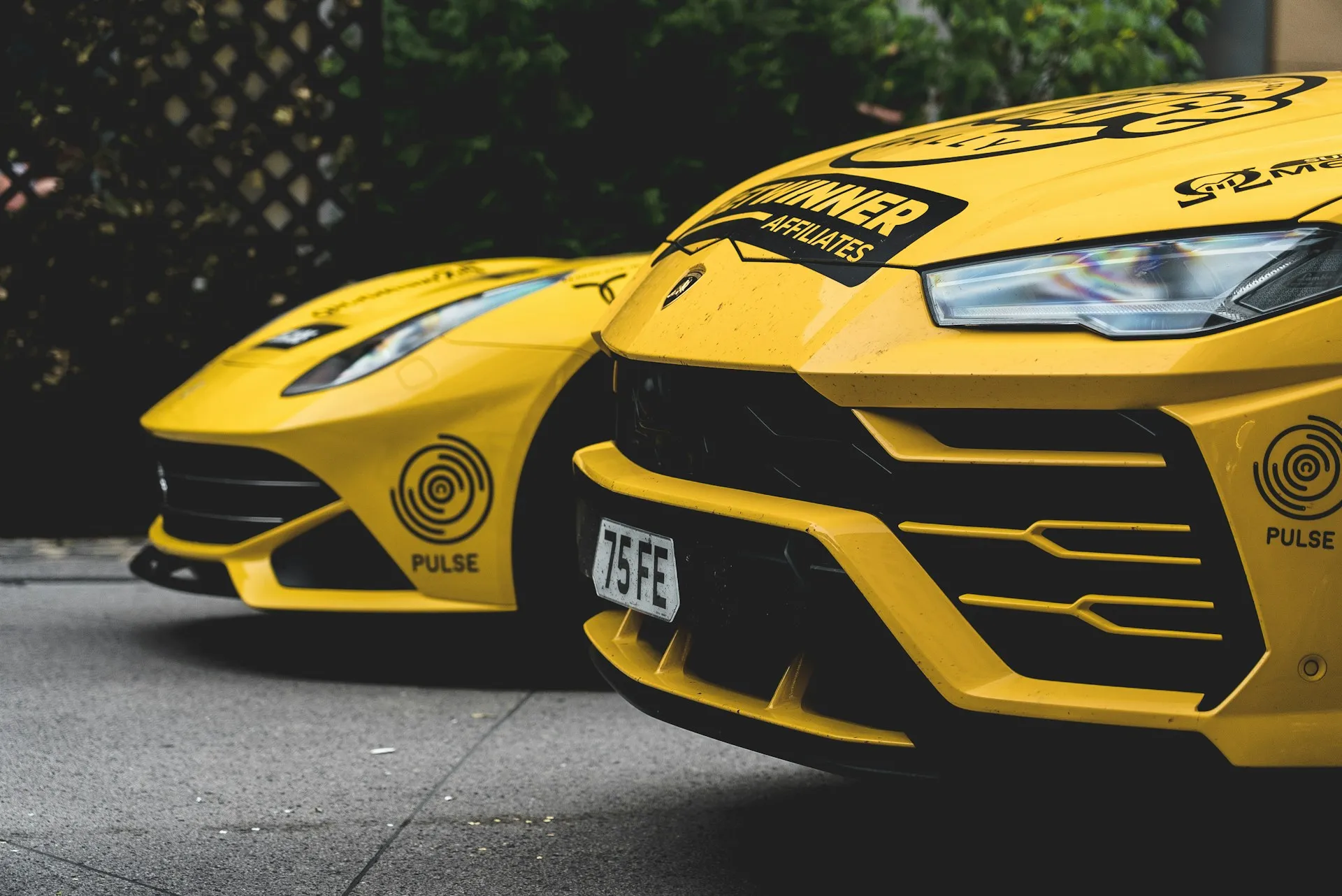 Two yellow supercars covered in matching sponsor and rally decals