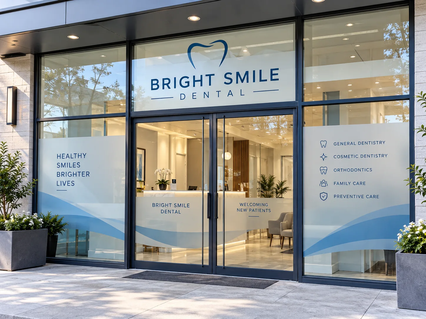 Glass wrap vinyl design concept: Bright Smile Dental