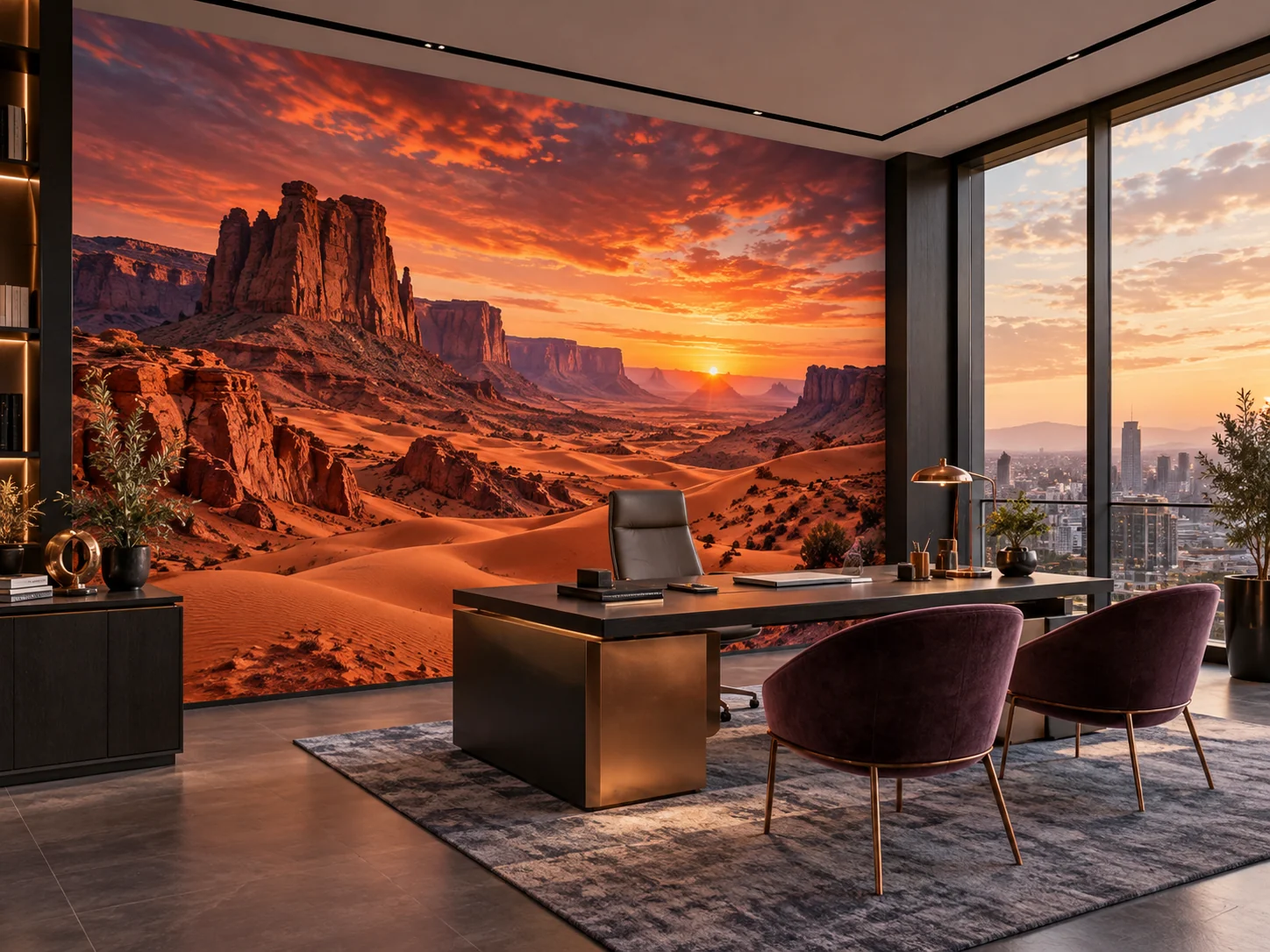 Photorealistic design concept: floor-to-ceiling desert sunset wall mural in a modern office