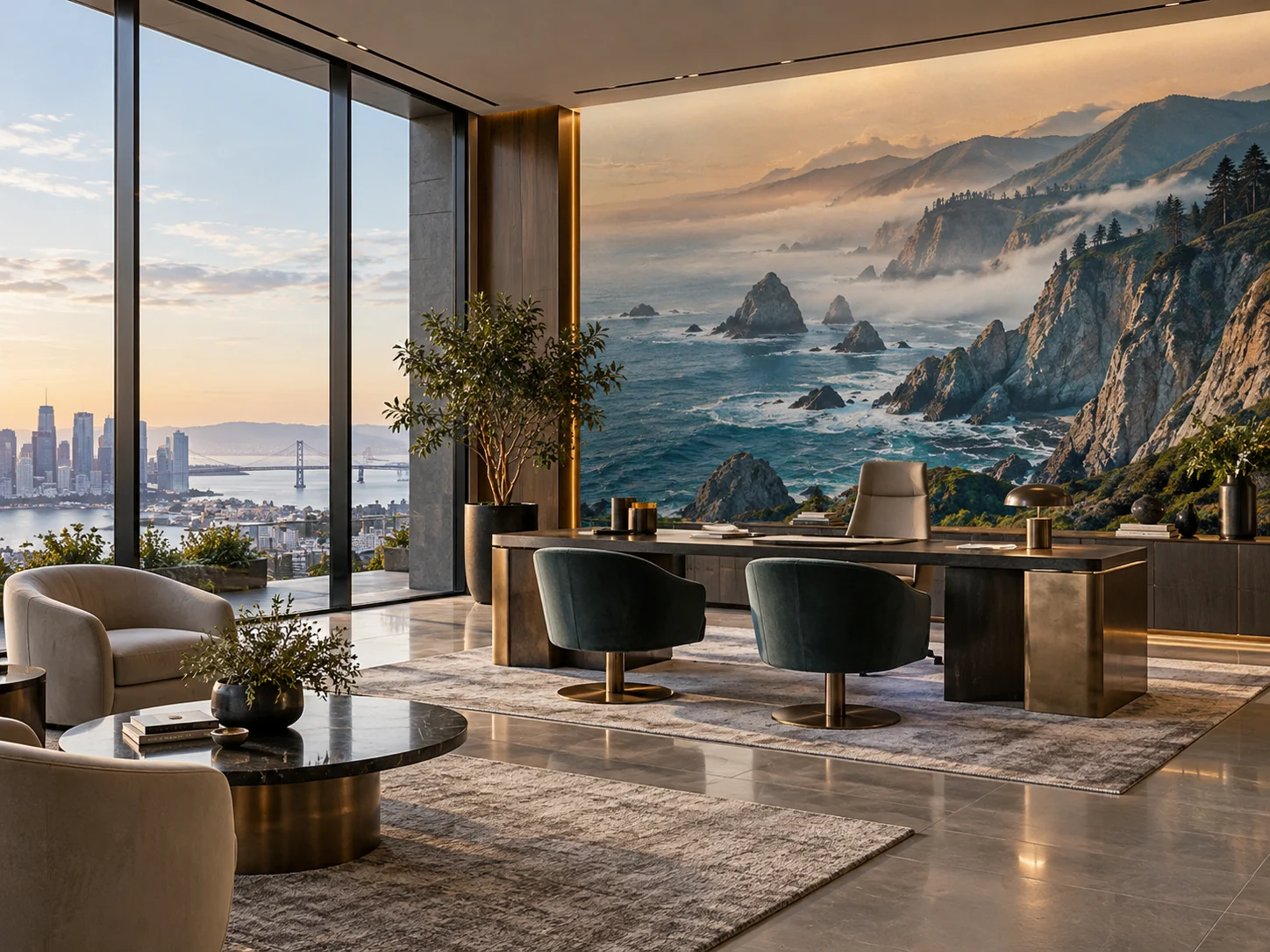 Photorealistic design concept: floor-to-ceiling coastal escape wall mural in a modern office