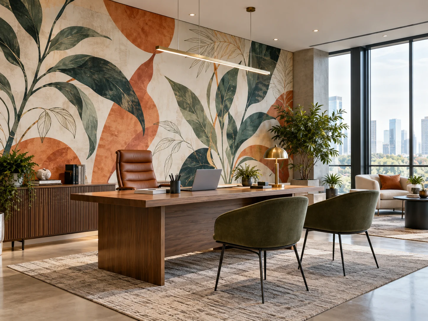 Photorealistic design concept: floor-to-ceiling botanical statement wall mural in a modern office