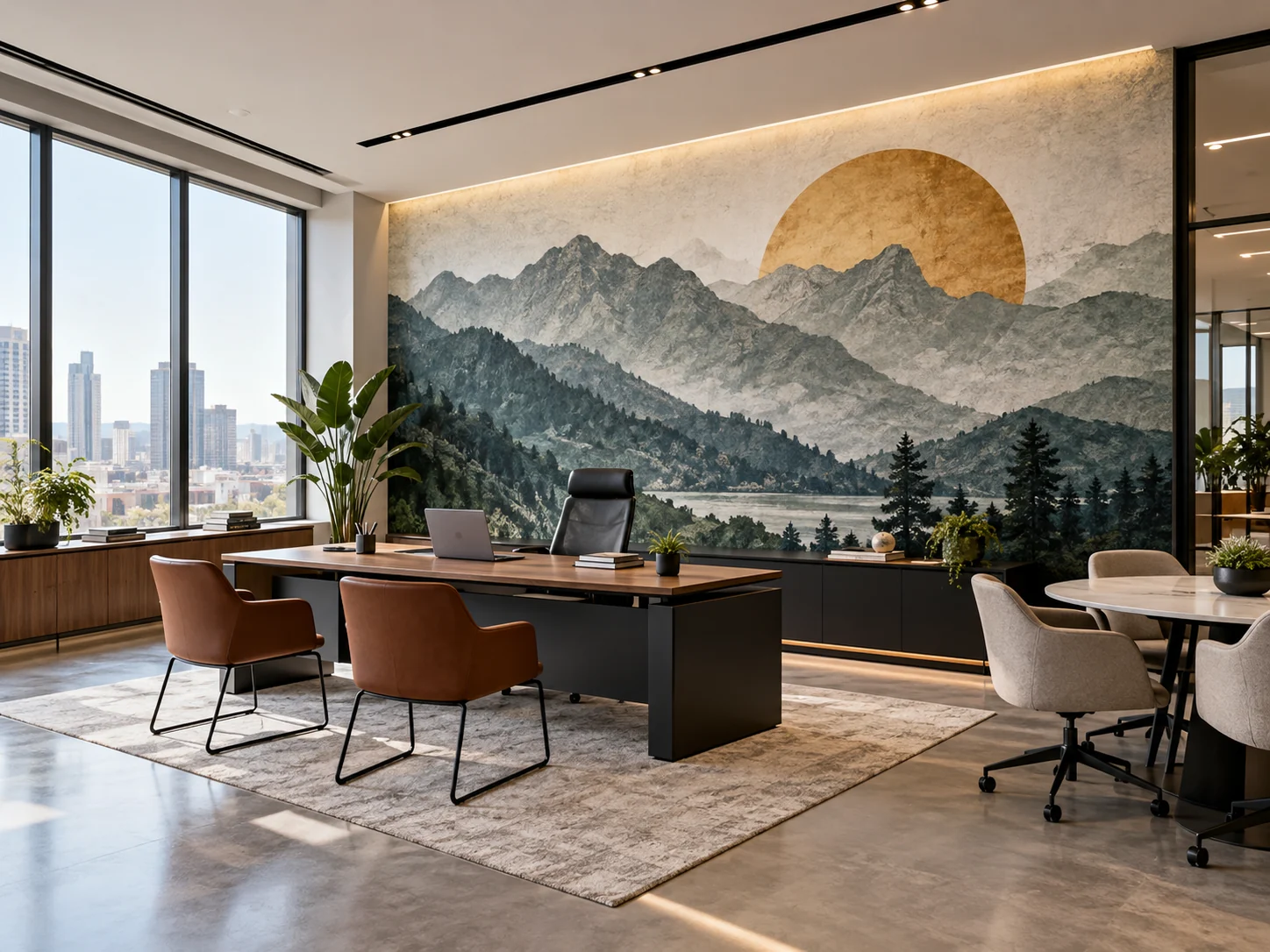 Photorealistic design concept: floor-to-ceiling mountain horizon wall mural in a modern office